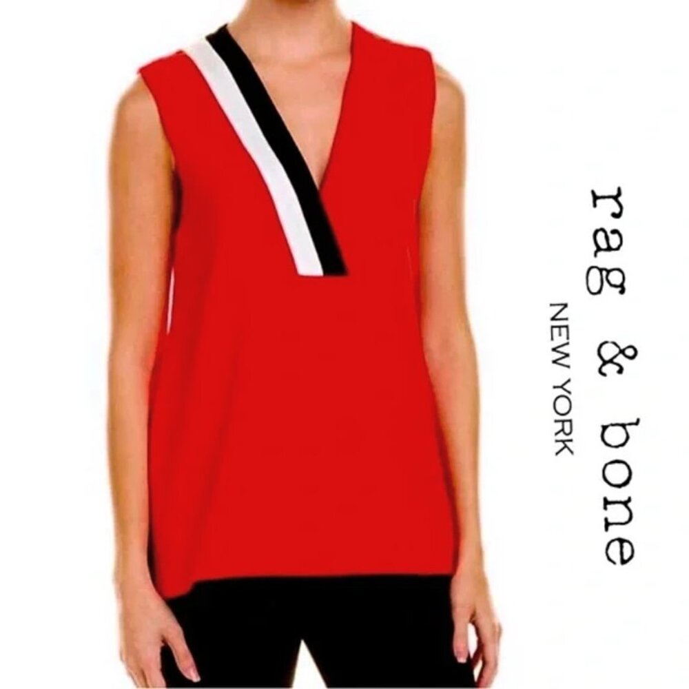 Rag & Bone Red V-Neck Contrast Stripe Sleeveless Blouse Crepe Top - Size S/P